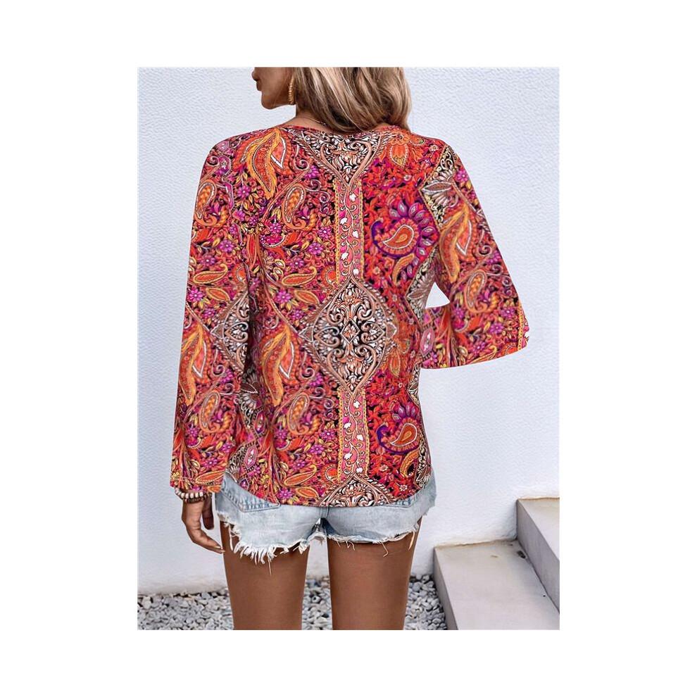 Women'S Bohemian Print V-Neck Long Sleeve Casual Blouses Shirts 4-Mixed Colors S