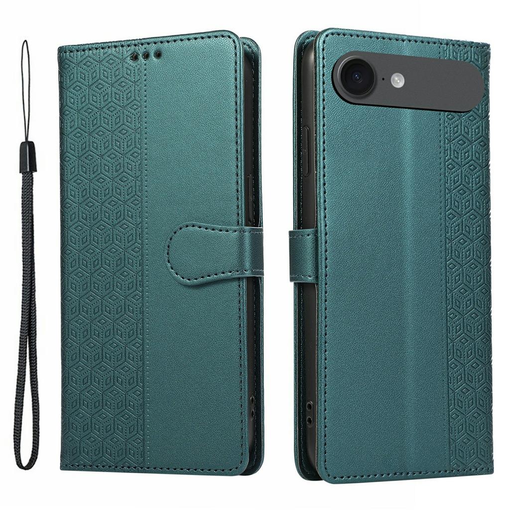 For iPhone 17 Air Case Splicing Imprinted Rhombus Leather Phone Cover with Wrist Strap