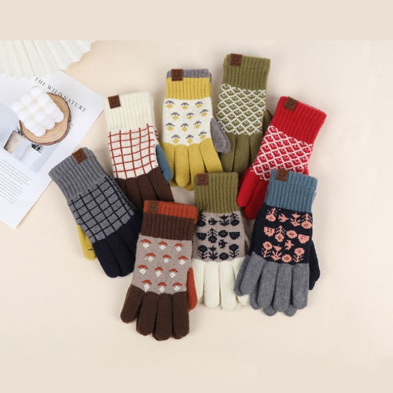 LALA Wool Blend Floral Pattern Fleece Gloves