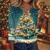 Women's Fashion Casual Christmas Print V-Neck Button Three-Quarter Sleeve T-Shirt
