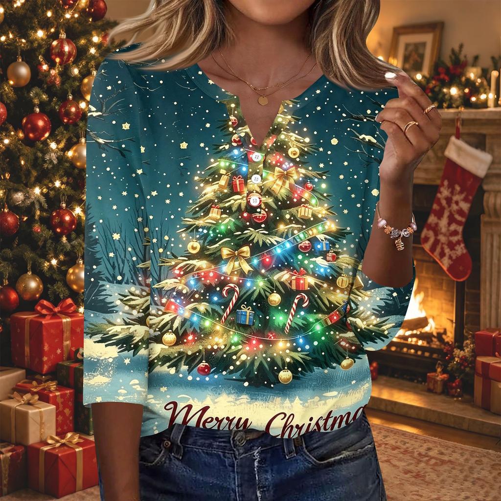 Women's Fashion Casual Christmas Print V-Neck Button Three-Quarter Sleeve T-Shirt