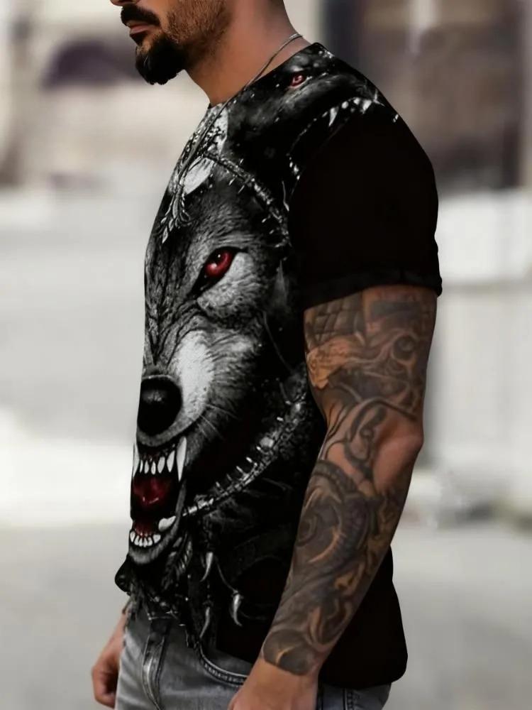 Men's Gothic Tribal Wolf Graphic Tee, Triple Wolves with Moon and Chains, Breathable Short Sleeve for Street and Biker Style