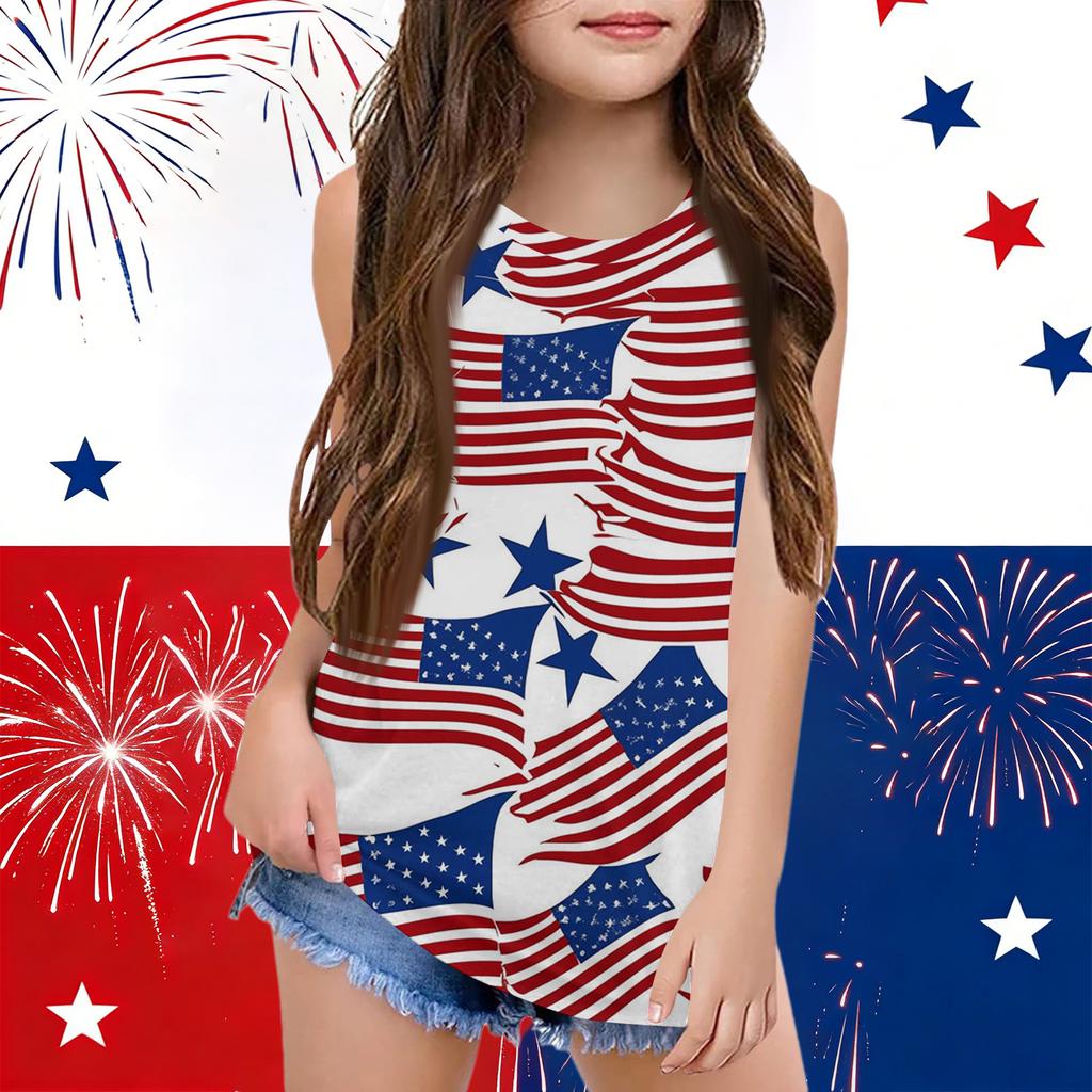 Girls  Kids Summer Crewneck Sleeveless Shirts Tank Tops Independence Day