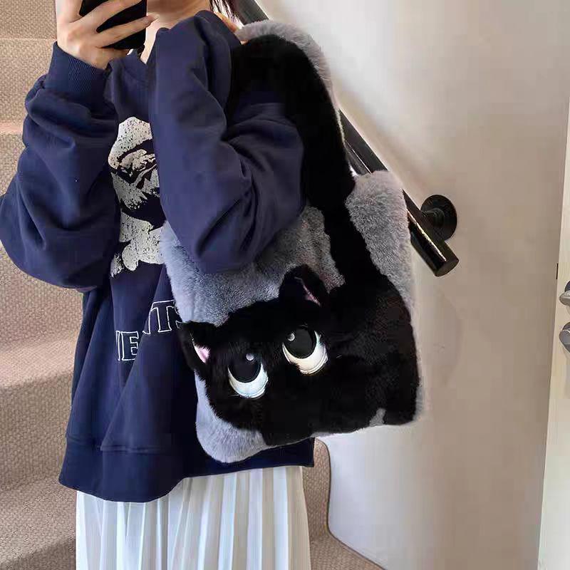 Women's Autumn & Winter Plush Cat Shoulder Tote: Creative Cartoon Color-Block Embroidered Handbag