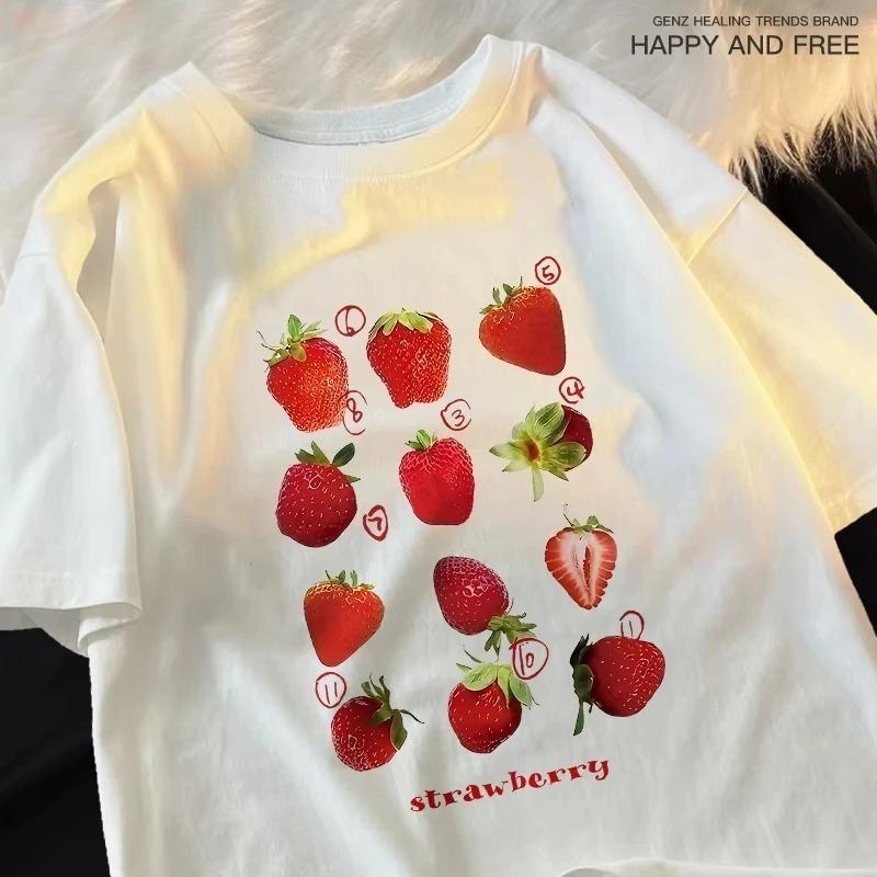 12 Types Strawberry Printing Cotton Tshirts Unisex Unisex Summer Fashion Harajuku Loose Cute Couple Round Neck Tees Kawaii Clothes