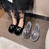 Fashion Thick Sole Round Toe Warm Plus Velvet Cotton Shoes Women Fashion Bow Tie Anti-slip Pearls Loafers Plus Size  Zapatillas 2025