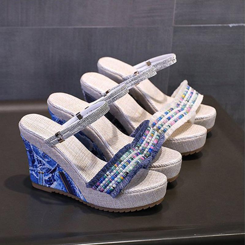 Summer Shoes Flat Platform Peep toe High Heels Sandals Elegant Ladies Party Shoes Wedges Sandals White Blue Big Size 41 D472