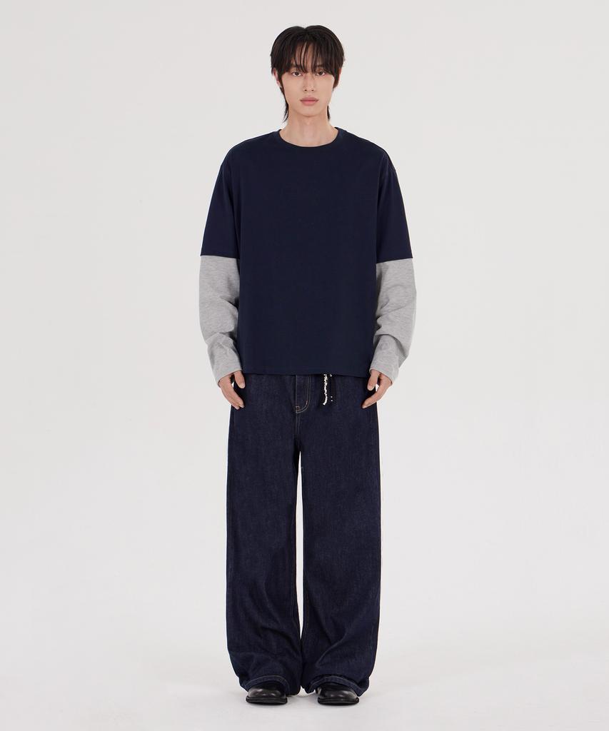 GLW [Unisex] Layered Two-Tone Long Sleeve Tee Navy