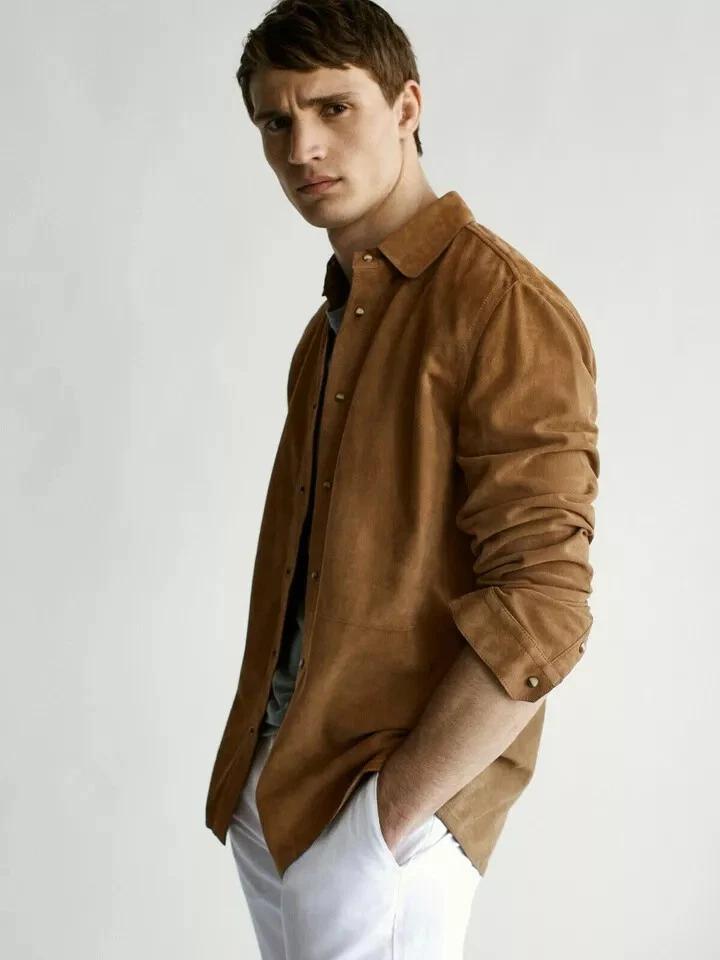 Men's Brown Soft Suede Lambskin Leather Shirt Handmade Stylish Casual Party Fashion Designer
