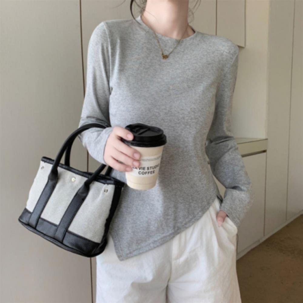 New Arrivals Open Run Women Unbalanced Side SliT Simple Long Sleeve T shirT