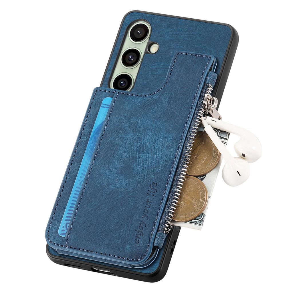 For Samsung Galaxy S24 FE Case Zipper Card Holder Kickstand Leather + PC + TPU Phone Cover