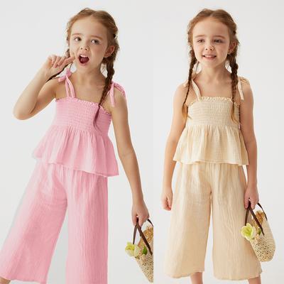 Summer New Style Girls Cute Style Casual Style Fashionable Foreign Solid Color Pure Cotton Suspender Trousers Suit Cross-border
