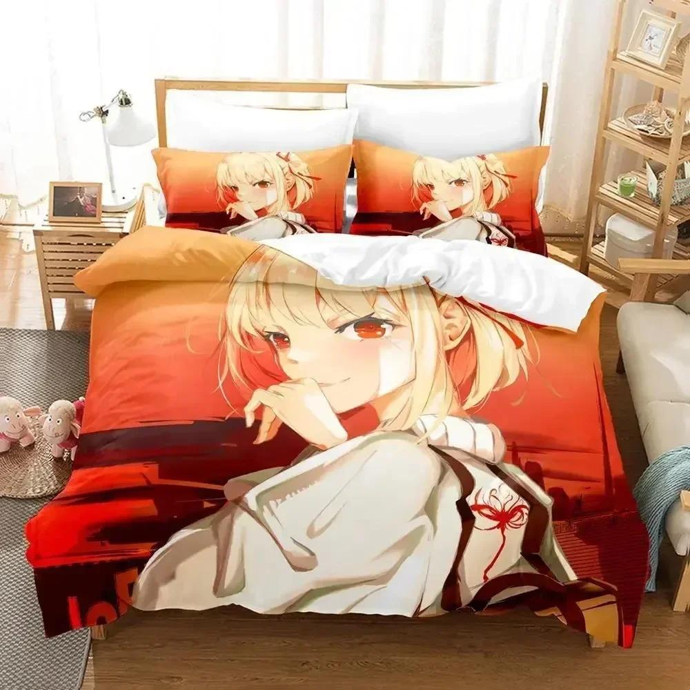 Lycoris Recoil Bettwäsche-Set, Einzel-, Zwillings-, Voll-, Queen- und King-Size-Bettset, Schlafzimmer für Erwachsene und Kinder, Bettbezug-Set, 3D-Anime-Bettlaken-Set