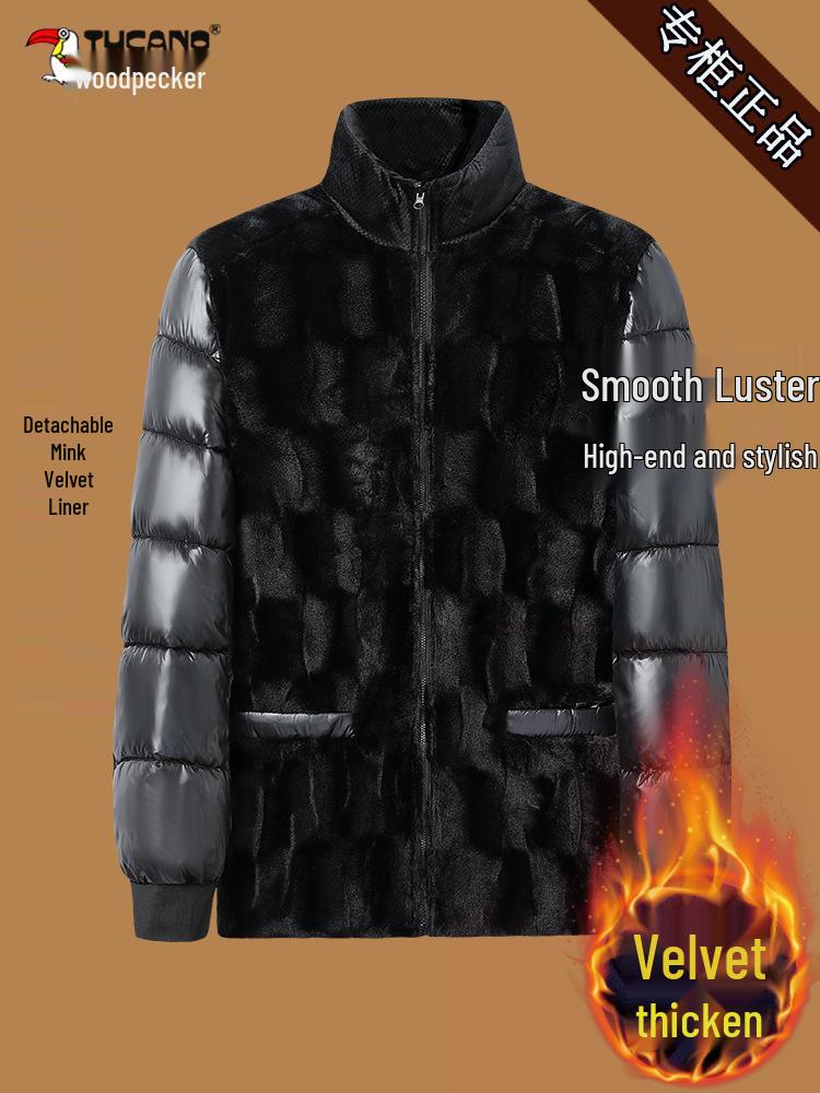 Men's Woodpecker Plus Velvet Mid-length Jacket with Hood, Detachable Liner, Cotton Winter Coat for Middle-aged and Elderly