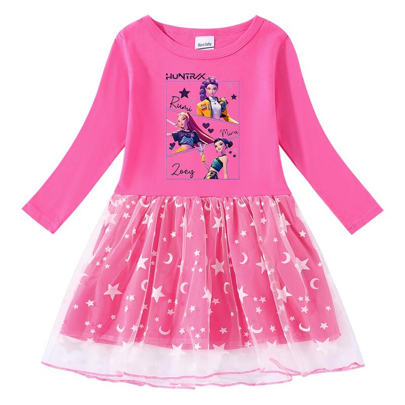 Korean-Style Kpop Demon Slayer Mesh Princess Dress for Kids - Short Sleeve for Summer, Long Sleeve for Spring/Autumn