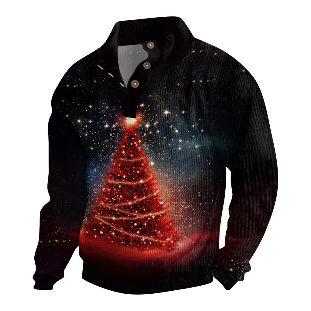 Men's Christmas Cotton Pullover Long Sleeve Outdoor Shirt Vintage Corduroy Button Stand Collar Shirt Casual Sweatshirt Christmas Print Top