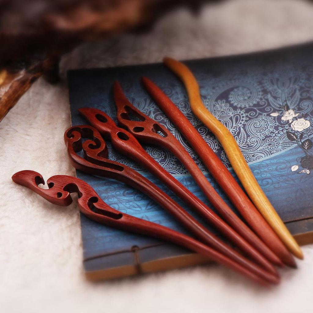 Modern & Ancient Style Peach and Sandalwood Hairpins for Women - Wooden Hair Bun Pins, New Chinese Style