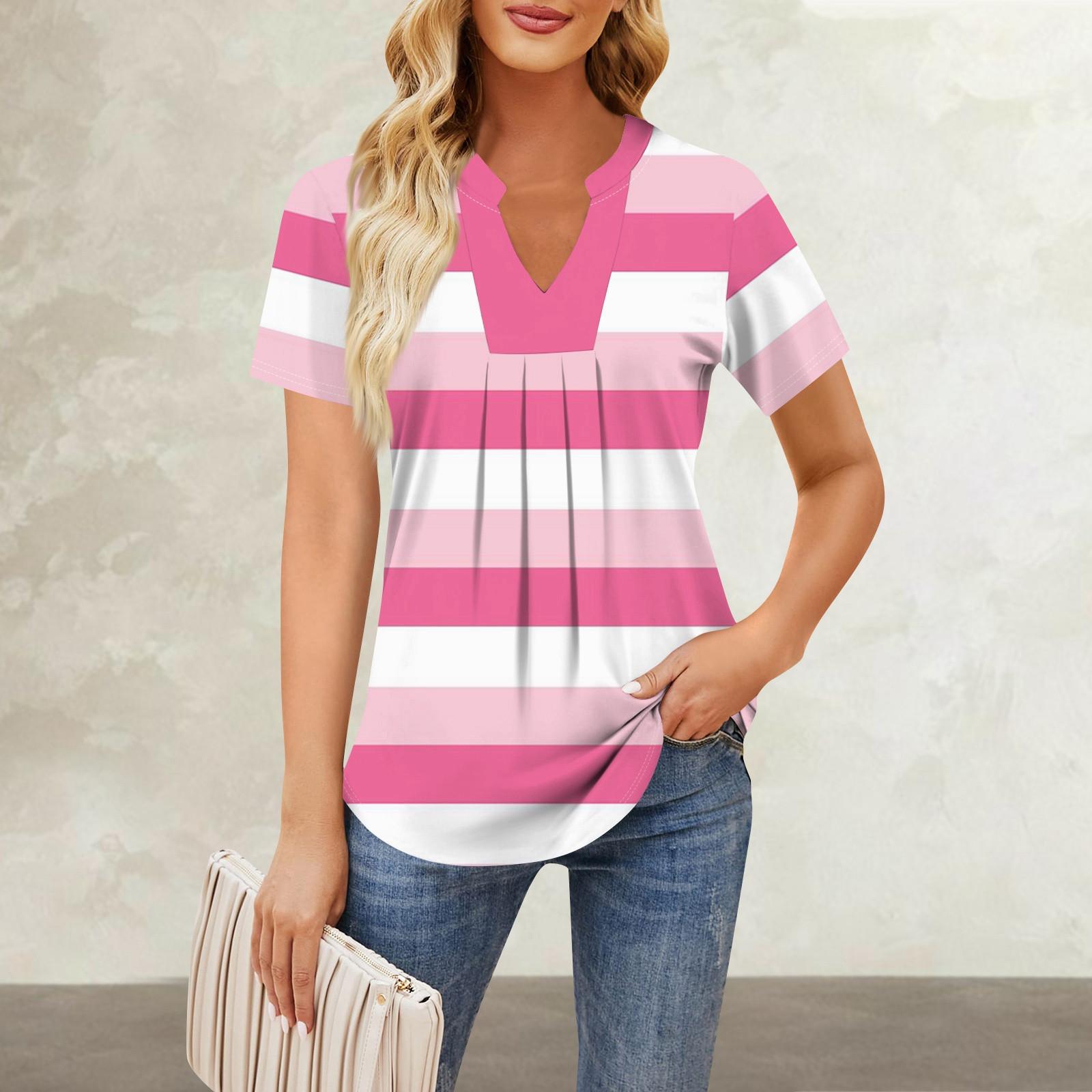 

Женская повседневная свободная футболка с коротким рукавом и v-образным вырезом на груди, плиссированная свободная футболка с принтом, топ XL розовый