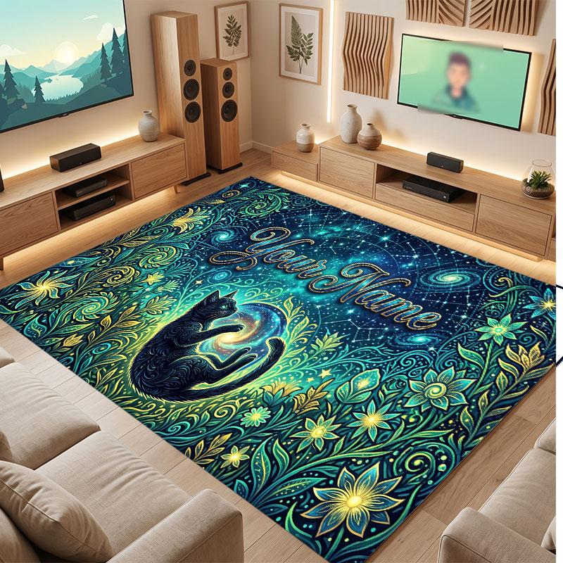 Cat Theme Crystal Velvet Floor Rug Personalized Custom Name Text Warm Carpet Home Decoration