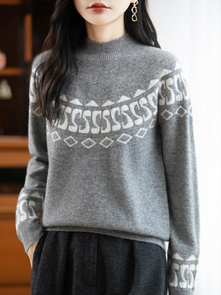 Women's Vintage Fair Isle 100% Merino Wool High Neck Sweater - Loose, Trendy Color Block Knitwear