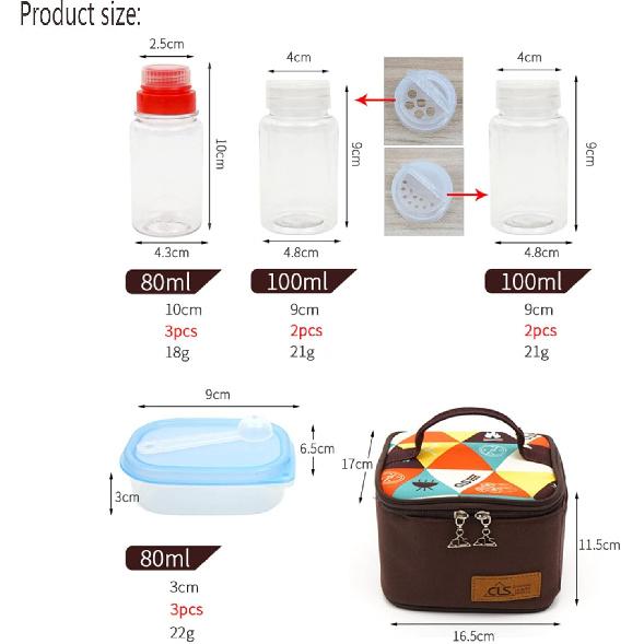 Travel Spice Containers Kit, 3 Pcs 2.7 oz Liquid Spice Bottles, 3 Pcs 3.3 oz Sauce Bottle, 4 Pcs 2.7 oz Spice Box with Small Spoon, Durable Storage