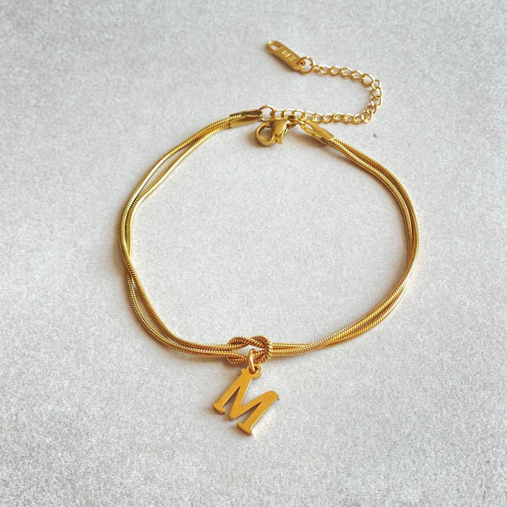 Valentine's Day Stainless Steel Herringbone & Snake Chain Bracelet with 26 Letters Pendant