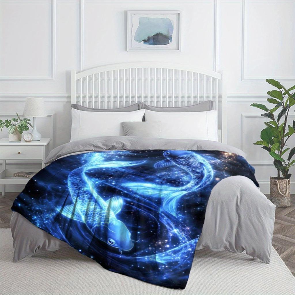 Cosmic Koi Fish Galaxy Blanket Flannel Soft Throw Bed Cover Art Decor Dreamy Ocean Design Starry Night Pattern Home Decor Gift