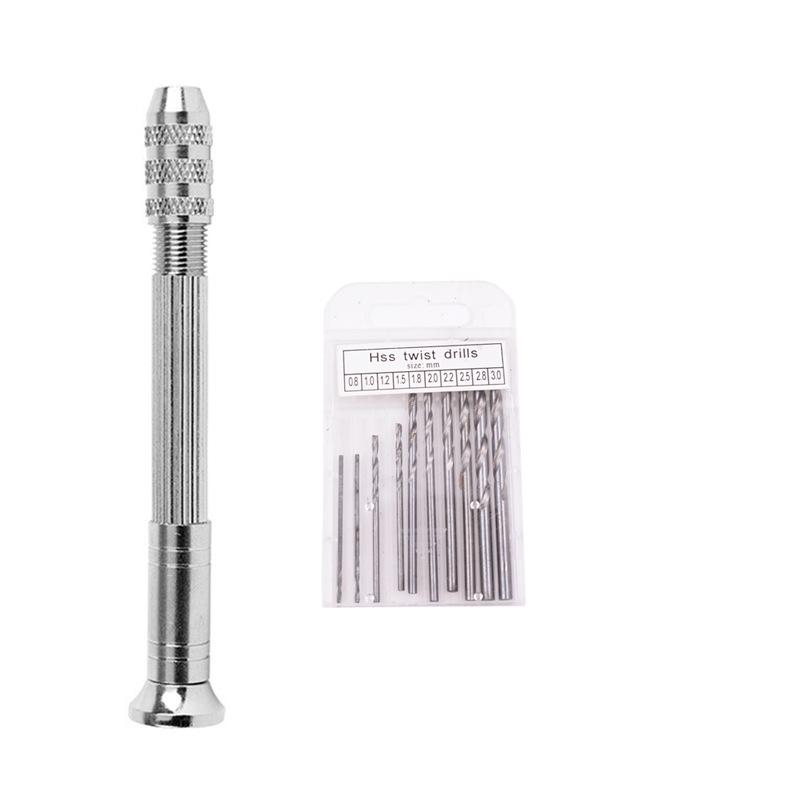 

Mini Micro Aluminum Hand Drill With 10pcs 0.8mm-3.0mm Alloy Steel Twist Drills,Handmade Tools