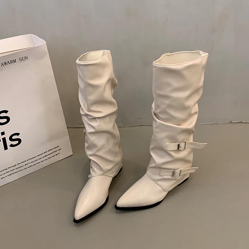 Fashion Spring and Autumn Women's Retro Style Mid-Calf Boots Fashion Belt Buckle Shoes Pointed Toe Wedges Heel Knight Long Boots Female