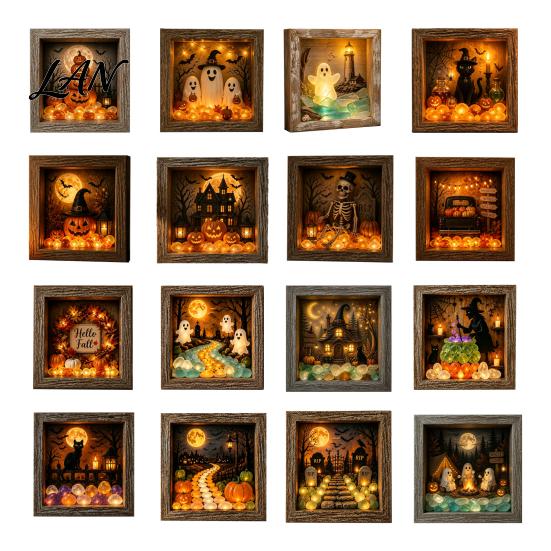 Small Halloween Figures Lighted Frame Ornaments, Light Up Shadow Box, Warm Festive Party Supplies Atmosphere LED Lights for Home Living Room