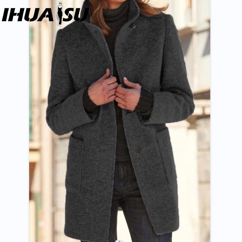 IHUASU Women's Vintage Casual Lattice Print Autumn Winter Long Sleeve POLO Neck Jackets & Coats