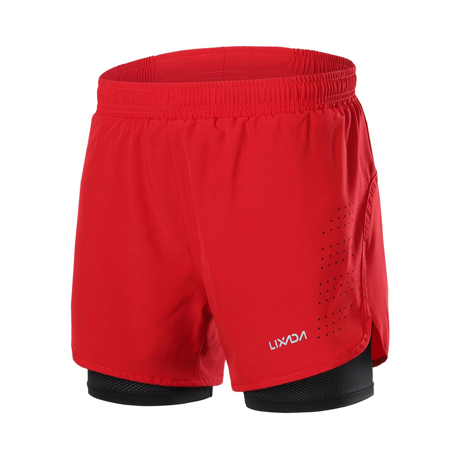 Lixada 2-in-1 hardloopshort voor heren, sneldrogend, ademend, actieve trainingsoefening, joggen, fietsen S rood