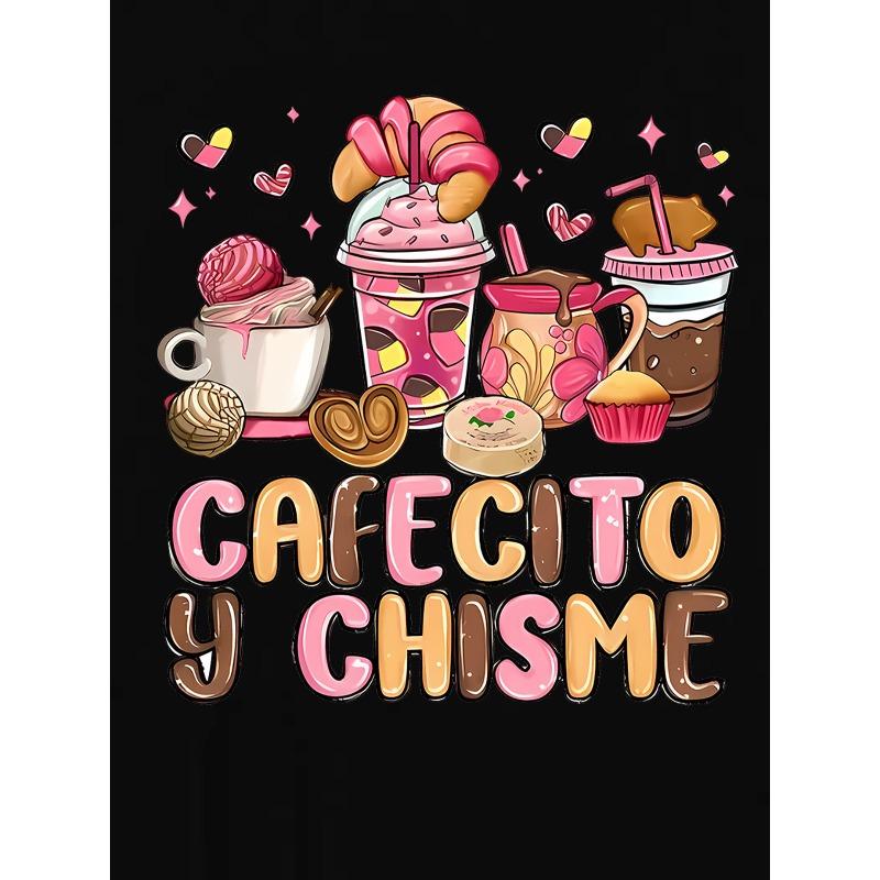 European size 1pc Women'S Casual Round Neck Short Sleeve T-Shirt with "Cafecito y Chisme" Dessert Graphic Print