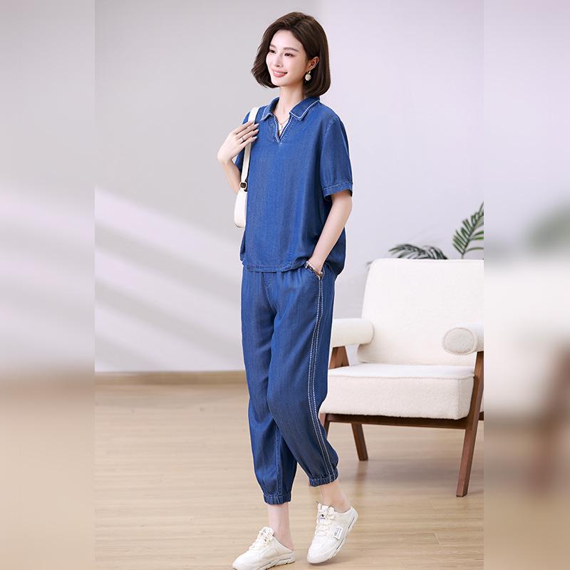 Women's Summer Tencel Denim Suit: Stylish 2025 Casual Two-Piece Set for Middle-Aged Mothers