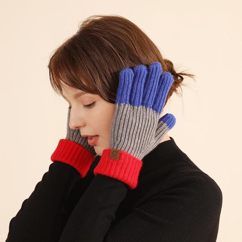 Autumn and winter new products, long contrasting colors, gloves, finger-exposed knitted wool gloves, windproof thickened warm gloves