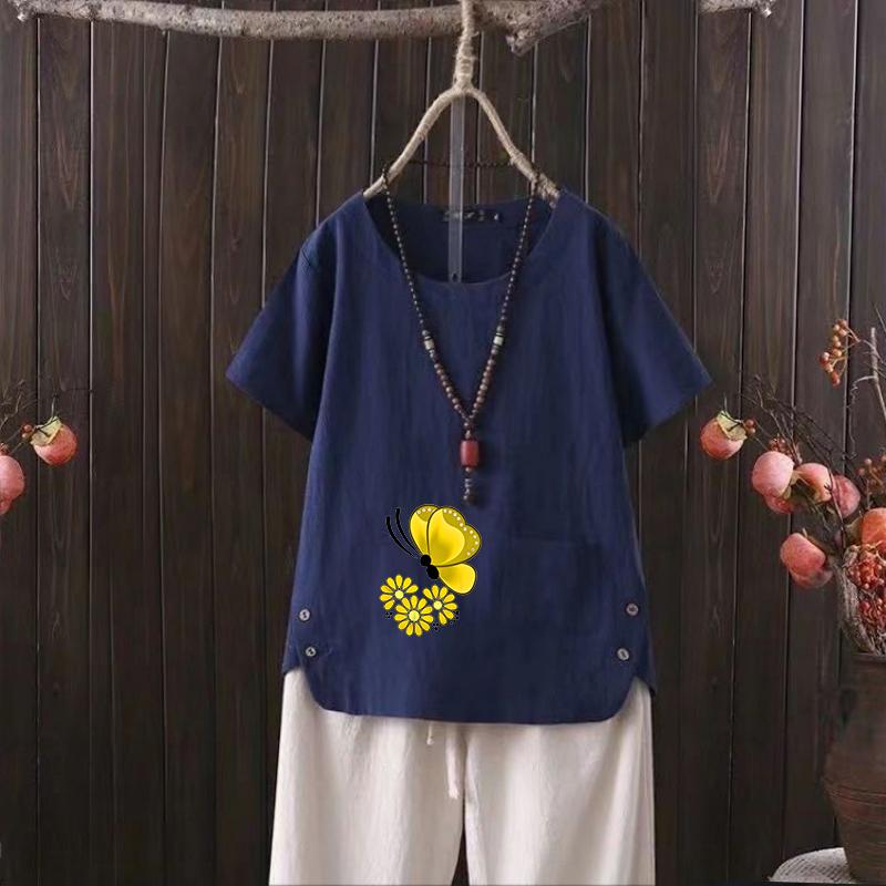 Sommerliches europäisches und amerikanisches Alltags-T-Shirt, V-förmiger Baumwoll- und Leinen-Schnitt, Anime- und Blumendruck