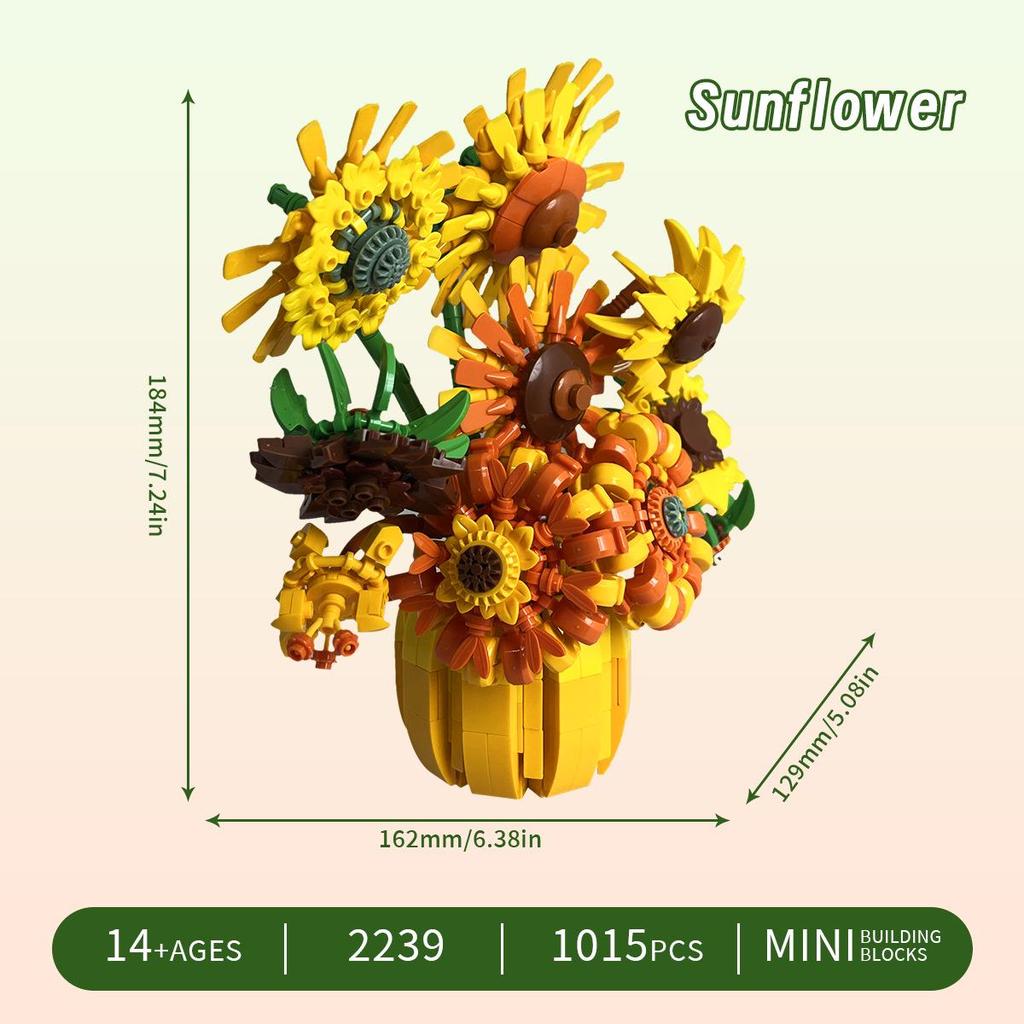 Building Blocks Rose Bouquet and Sunflower Vase Model
