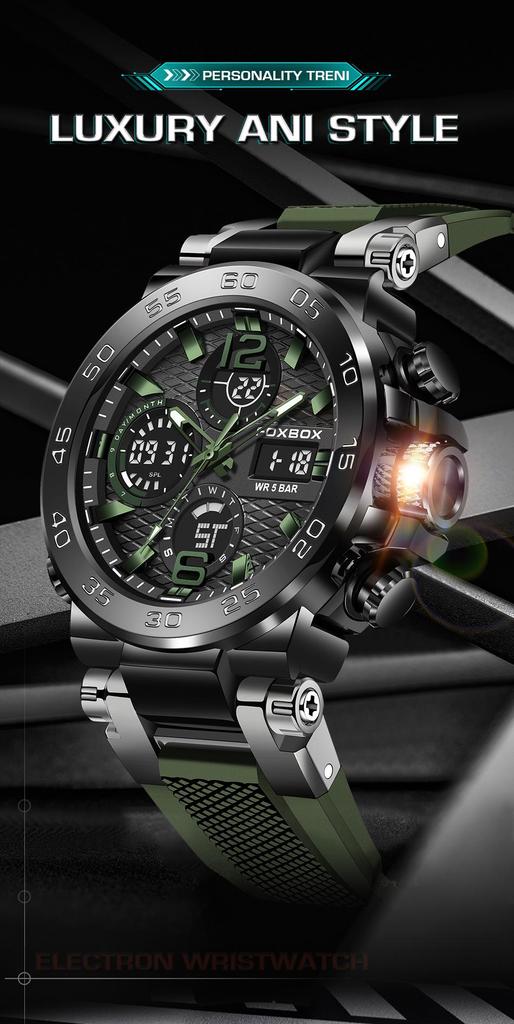 Men's Dual Display Waterproof Silicone Sport Watch with Calendar & Luminous Features