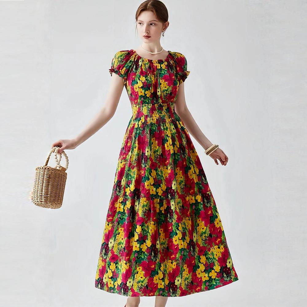 Bohemian Cotton-Silk Floral Printted Off-the-Shoulder French-Style Summer Dress for Women Ethnic-Style Elastic Waistband Pleayed Long Dress