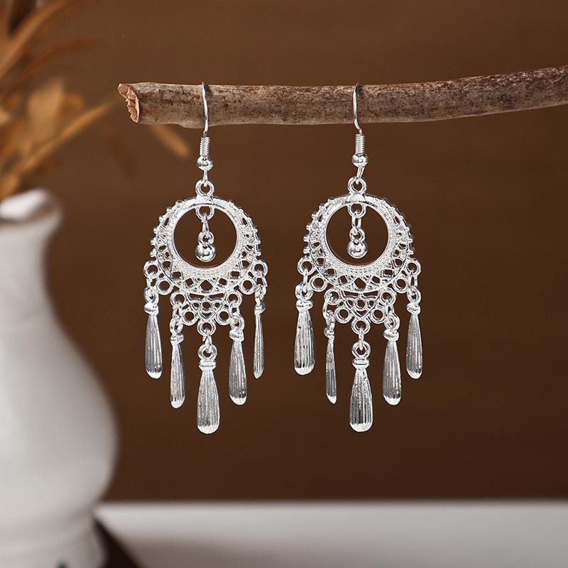 Ethnic Miao Silver Tassel Earrings - Retro Long Dangle Scenic Studs for Women