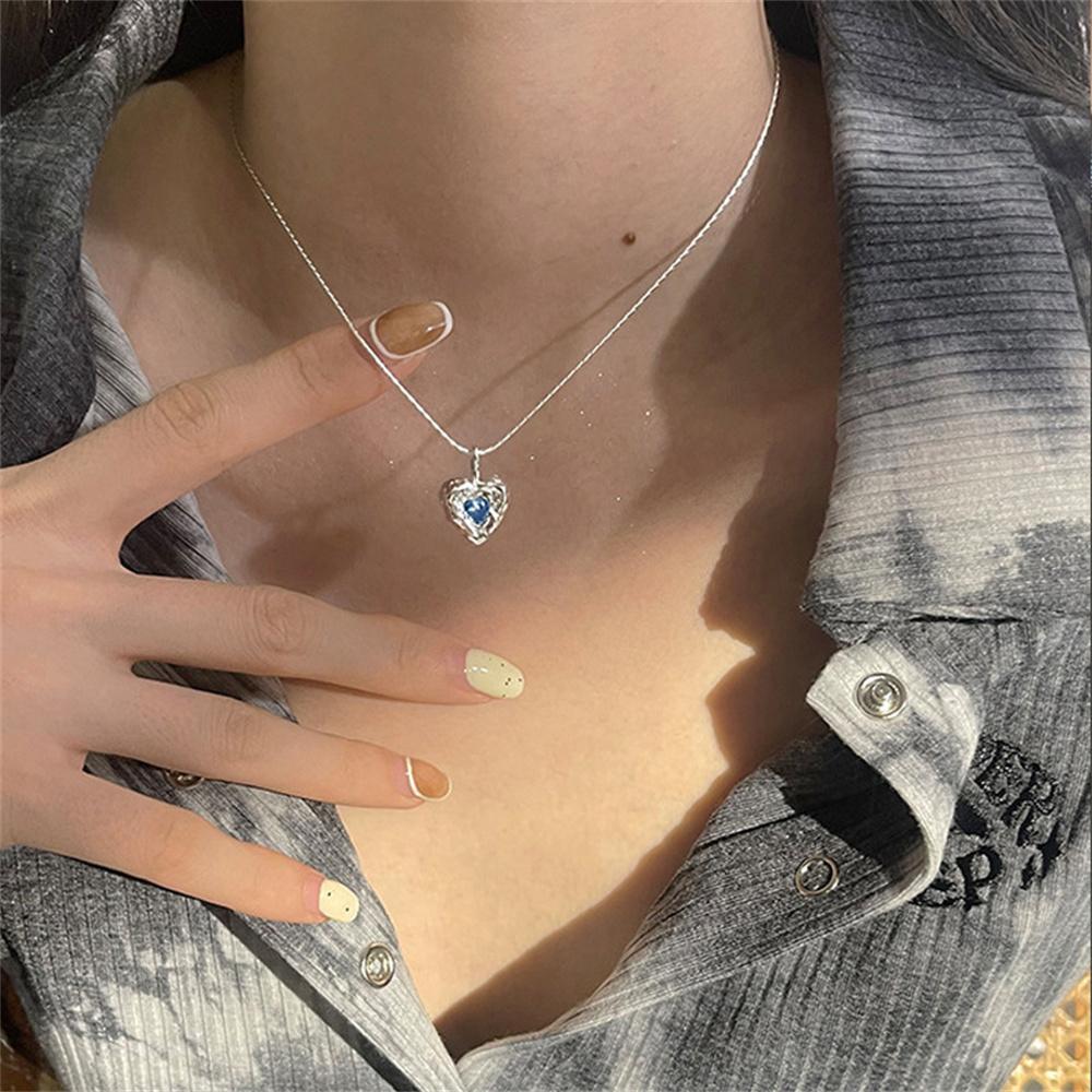 INS Irregular Love Necklace For Women Fashion Silver Color Blue Crystal Pendant Necklace Simple Women PArty Jewelry Gift