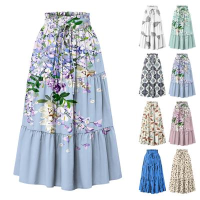Womens Maxi Skirt Drawstring High Waisted Summer Long Skirts Lightweight Tiered Flowy Floral Pleated Skirts