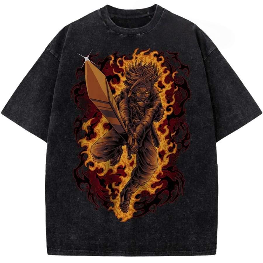 Dragon Ball Trunks Flame Printed Tshirt Mens and Womens Washed Tshirt High Quality Vintage Cotton Tshirt Harajuku Tops