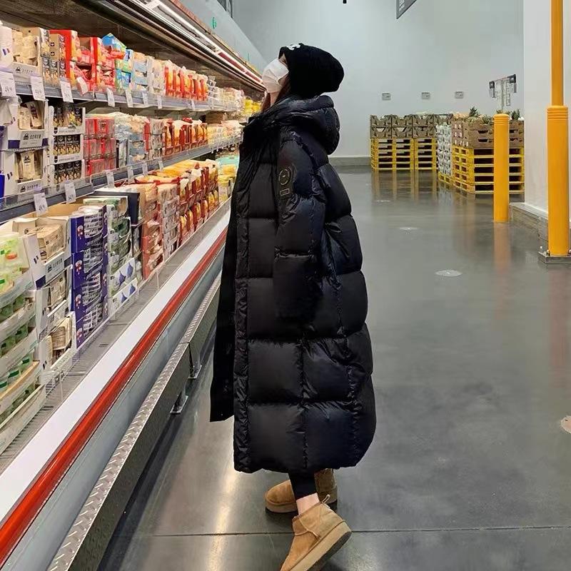 Black Glossy Hooded Down Cotton Clothes Women's Long Winter New High-end Thickened Fashion Bread