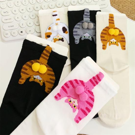 Cute Cat Socks with Balls 3D Fuzzy Balls Novelty Funny Animal Socks Women's Soft Cotton Crew Socks for Cat Lovers Christmas Birthday Gifts