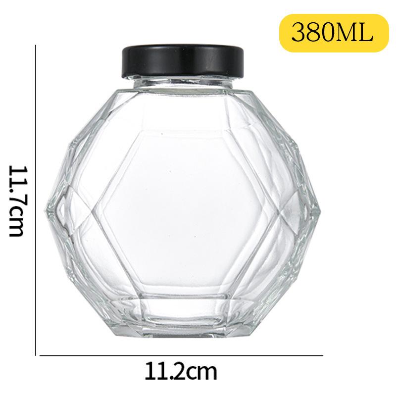 Vasetto Esagonale Premium per Miele in Vetro con Filettatura a Diamante e Coperchio in Legno, 500g