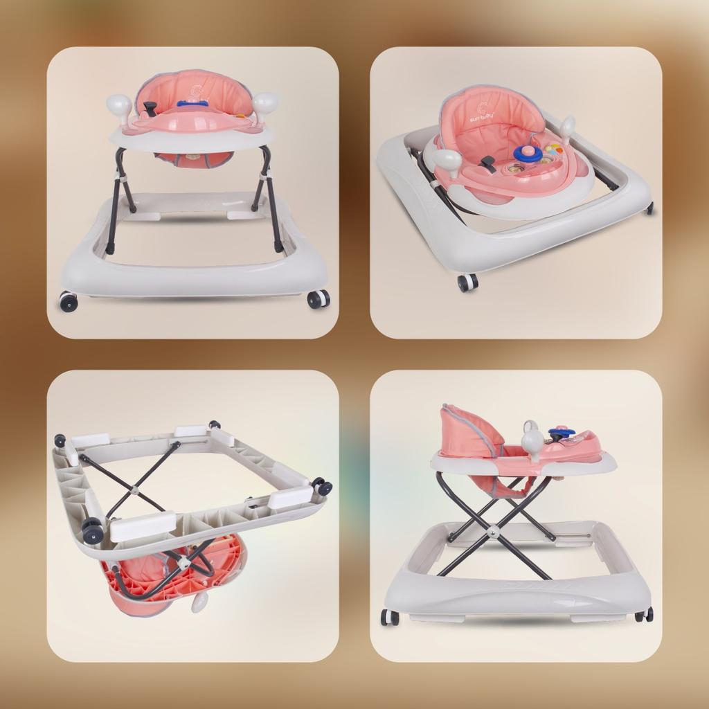 Interaktiver Lauflerner für Babys, höhenverstellbar, Schiebestange, Stopper, Pink und Grau