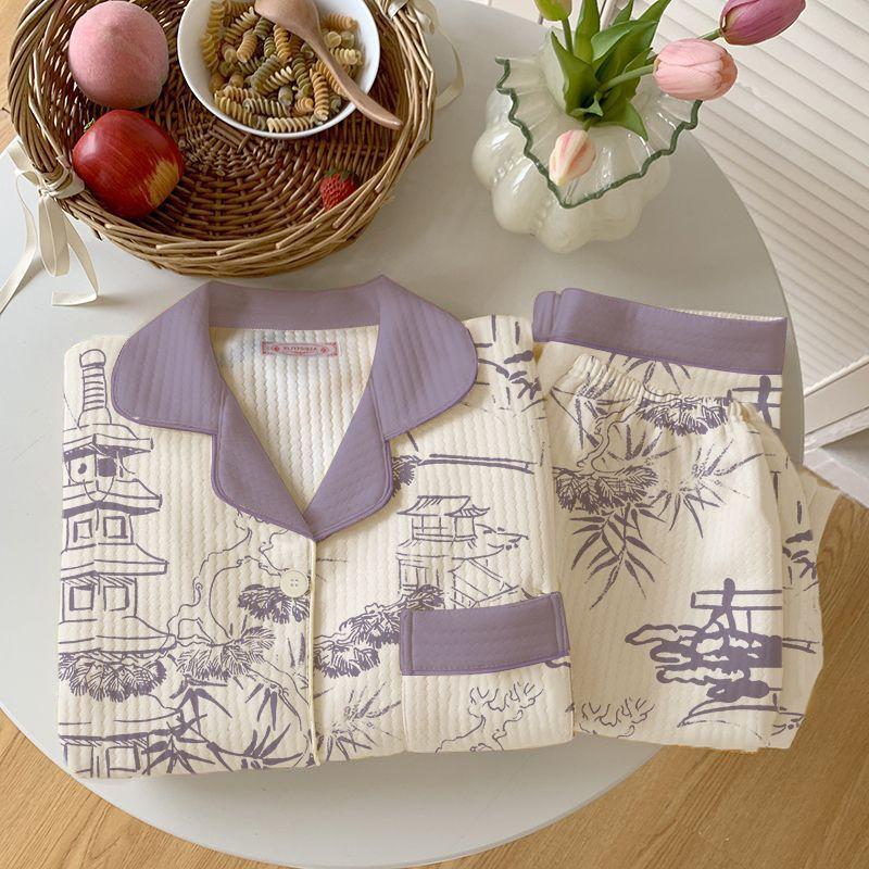 

Женский утолщенный теплый пижамный комплект Осень Зима Хлопковая подкладка Длинный рукав Принт Кардиган Домашняя одежда Комплект из двух предметов 3XL