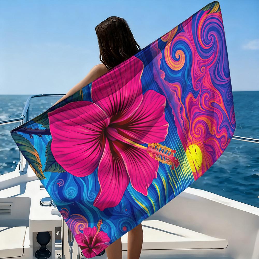 Bright Sunset Hibiscus Swirl Psychedelic Print Beach Towel Quick Dry Lightweight Outdoor Swim Travel Picnic Yoga Pool Usage