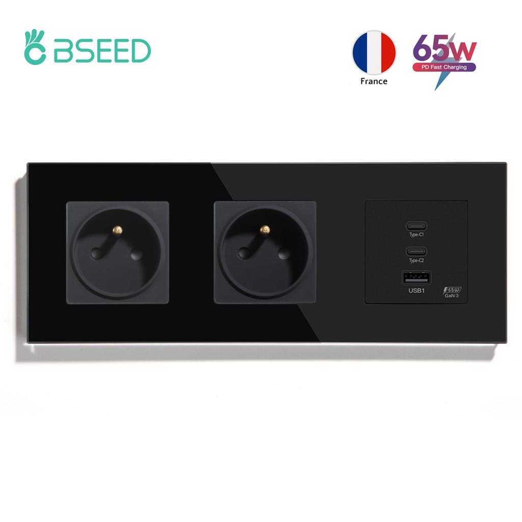 BSEED French Wall Socket 65W Double Type-c USB Sockets Super Fast Charging Ports Electric Power Outlets Crystal Glass Frames